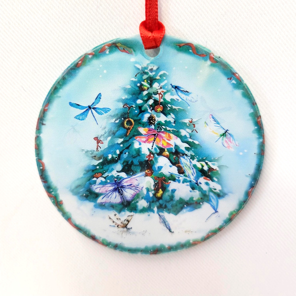 Dragonfly Butterfly Christmas Tree Round Ornament Blue Holiday Decor Ribbon New‎
